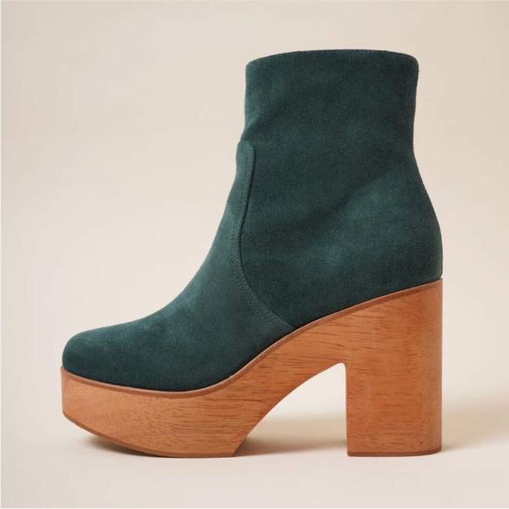 Charlotte Stone Paz Boot Suede Green Chelsea Ankle Boots with Platform Wood Heel